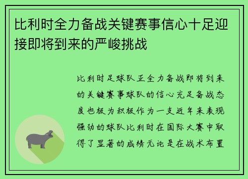 比利时全力备战关键赛事信心十足迎接即将到来的严峻挑战