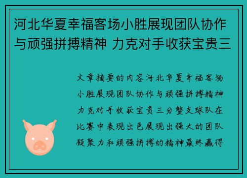 河北华夏幸福客场小胜展现团队协作与顽强拼搏精神 力克对手收获宝贵三分