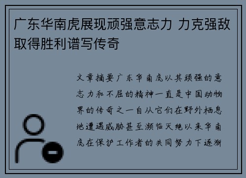 广东华南虎展现顽强意志力 力克强敌取得胜利谱写传奇